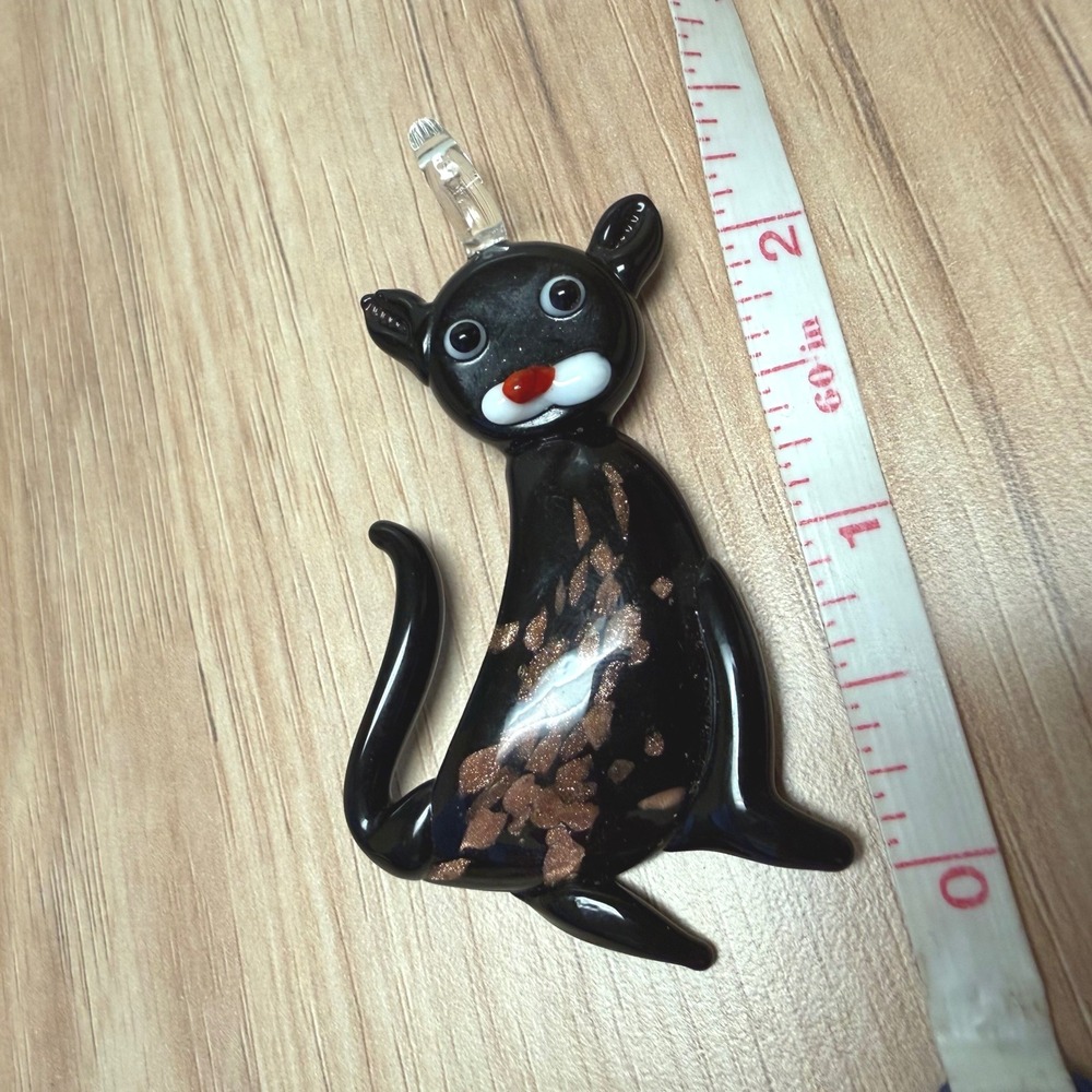 Vintage Black Glass Cat Pendant Gold Aventurine Flecks Lampwork Art Jewelry